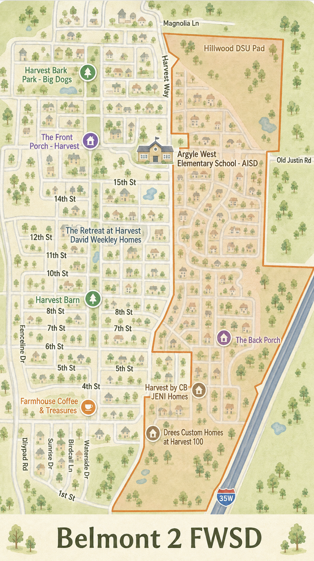 Illustrated map showing the area served by Belmont Fresh Water Supply District No. 2, generally east of Harvest Way.