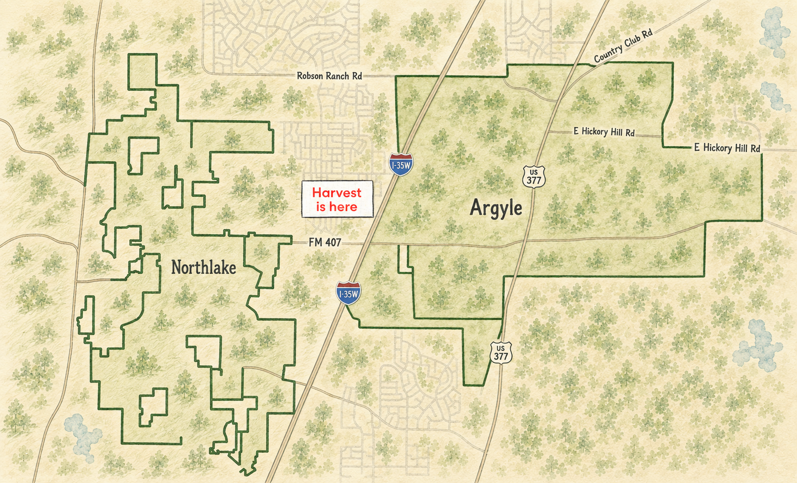 Illustrative overview showing Harvest between the neighboring towns of Northlake and Argyle.